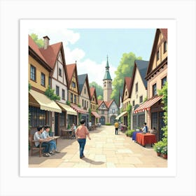 Charming Village Square In Watercolor, With Quaint Shops And Street Performers Art Print