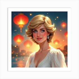 Watercolor Princess Diana With A Background Of Enchanting Lanterns 1 Art Print