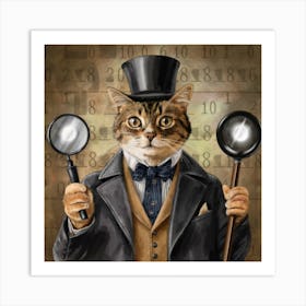 Dapper Detective Cats Print Art - Envision Cats In Sherlock Holmes Attire, Solving Mysteries With Magnifying Glasses Art Print