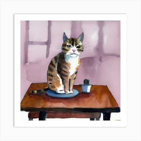 Cat On Table Art Print