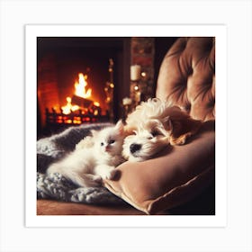 Dog And Kitten In Front Of A Fireplace Art Print