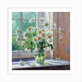 A Painting Of Daisies In A Vase On A Window Sill Art Print