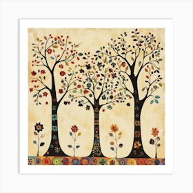 Folk Art Style Mosaic Trees 1 Art Print