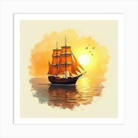 Elegant Ship Sailing Through Watercolor Golden Sunset 1 Art Print