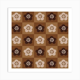 SAKURA CHECKERBOARD Japanese Cherry Blossom Flowers Geometric Checkered Grid in Brown Beige Tan Earth Tones Art Print