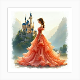 Beautiful Woman In Watercolor Gown, Enchanting Castle Background 1 Art Print