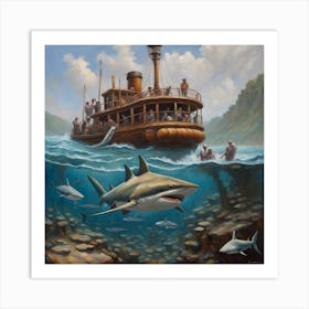 'Sharks' around a steamboat Art Print