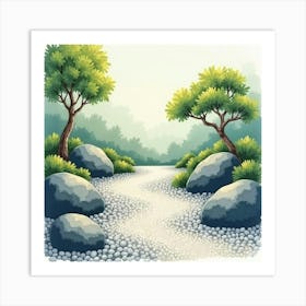 A Peaceful Zen Garden With Raked Gravel, Painted In Soft, Serene Watercolor Hues 1 Art Print