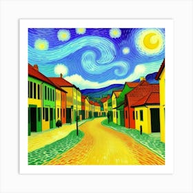 Idyllic Beauty: A Village Frozen in Time Starry Night Art Print