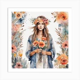 The art of boho girl bear flowers Art Print