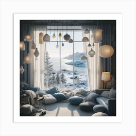 Swedish Living Room with winter sea view panoramic window and lots of lamps Art Print