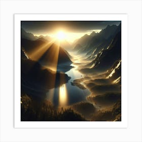 Sunrise Over Mountains And Lake Art Print