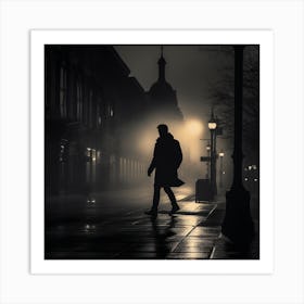 Man Walking At Night In The Fog Art Print