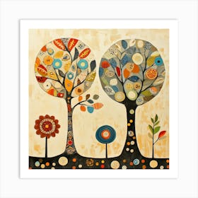 Folk Art Style Mosaic Trees 4 Art Print