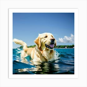 Golden Retriever Swimming In The Ocean Art Print