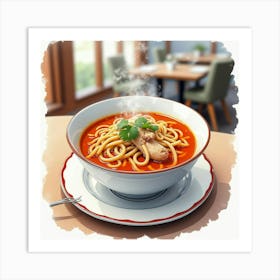 Watercolor Depiction Of A Classic And Flavorful Chicken Noodle Soup On A Stylish Restaurant Table Art Print