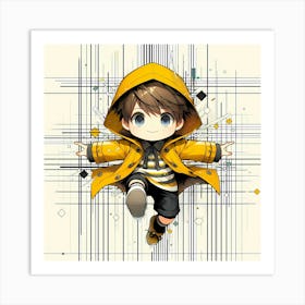 Boy in Yellow Rain Jacket - Abstract Line Art Illustration 61 Art Print