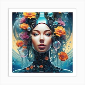 Futuristic Woman With Flowers Art Print