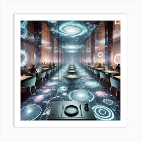 A Futuristic Restaurant Showcasing Astral Soundsca Art Print