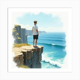 Watercolor Of Justin Bieber Standing At The Edge Of A Cliff, Ocean Below Art Print