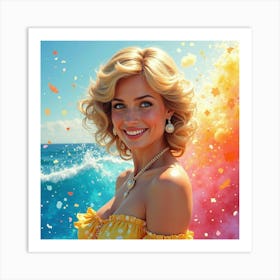 Radiant Princess Diana In Front Of Vibrant Rainbow Watercolor Waves Art Print