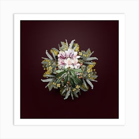 Vintage Common Rhododendron Flower Wreath on Wine Red n.1027 Art Print