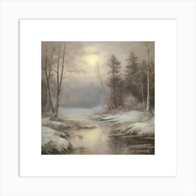 Ancient landscapes, old winter oil paintings and rocks around the lake bank. Snow is falling on the lake, old colors.3 Art Print