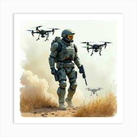 Cyber Soldier In A High Tech Battlefield With Drones, Watercolor Art 1 Art Print