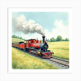 Old Fashioned Locomotive Traveling Through A Tranquil Watercolor Landscape 1 Art Print