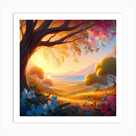 Landscape With Trees And Flowers Art Print