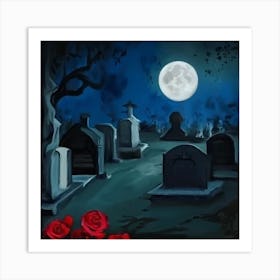 Graveyard At Night With Moonlight Art Print