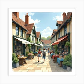 Wandering Through A Quaint English Market Town, Watercolor With Charming Shops 1 Art Print