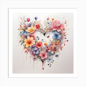 Watercolor Heart Of Flowers Art Print