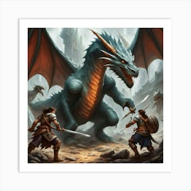 Two Warriors Fighting A Dragon Art Print