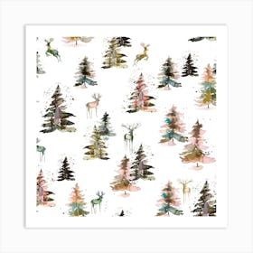 Winter Deers Forest Rustic Square Art Print