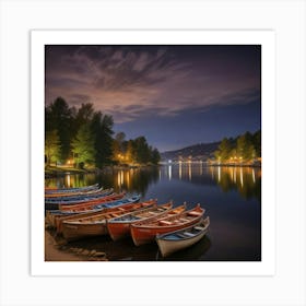 Rowing Boats At Night Art Print