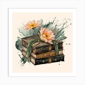 Best books and flowers on watercolor background 5 Art Print