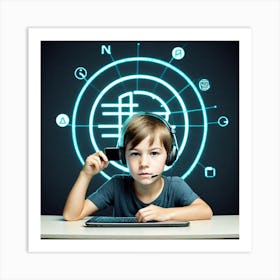 Young Boy With Headphones And A Laptop Art Print