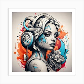 Girl With Headphones Art Print