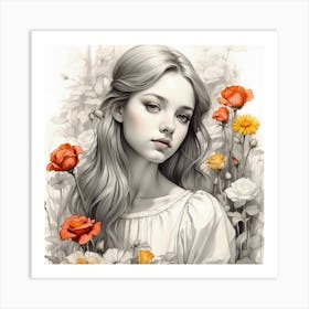 Girl With Flowers Art Print