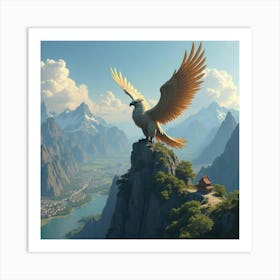 A Noble Griffin Perched On A Mountain Peak, Overlooking A Sprawling Kingdom 1 Art Print