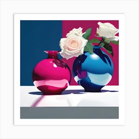 Round Vase in Pink & Blue with White Roses Art Print