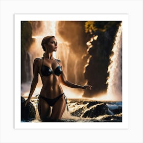 Beautiful Woman In Bikini In Front Of Waterfall yfv Art Print