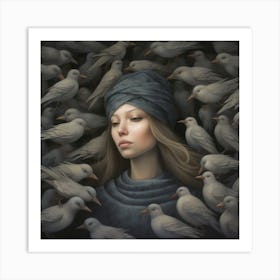 Girl Surrounded By Birds 3 Art Print