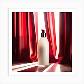 Bottle Of Lotion In Front Of Red Curtains Art Print