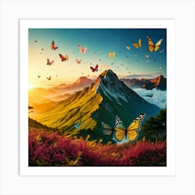 Firefly Mountain, Scenery, Nature, Sunrise, Butterfly, Wings, Paintbrush, Paints, Scattered, Small L Art Print