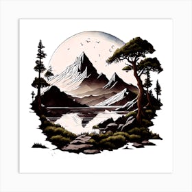 Stunning Mountain Landscape With Moon Art Print