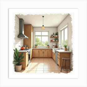 Stylish And Cozy Watercolor Kitchen, Warm And Elegant 1 Art Print