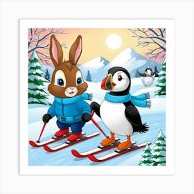 Rabbit And Penguin On Skis 1 Art Print