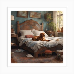 Dog In Bed Dog On Bed Painting ( Bohemian Design ) Art Print